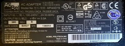 AcBel API4AD19 Toshiba PA3283U-2ACA 15V 5A 75W AC Adapter Tested
