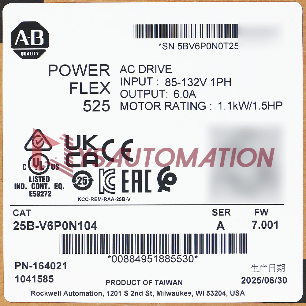 2026 New Allen-Bradley 25B-V6P0N104 PowerFlex 525 AC Drive IP20 NEMA / Open Type