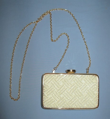 Kate Landry Evening Purse Beaded Pearls Rhinestone Metal Box Gold Chain Strap EC - Picture 2 of 10