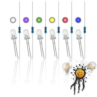 5mm LED Set 3,3V-12V 6x LEDs rund 6x Widerstände Rot Blau Weiß Gelb Grün Purple
