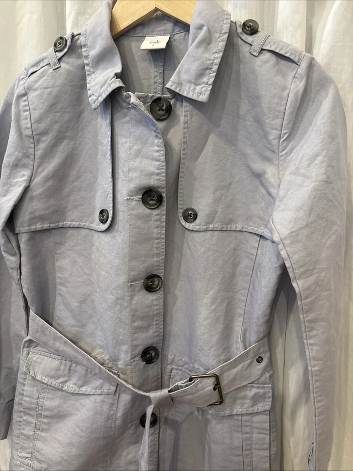 EUC CAbi Blue/Gray Button Front Belted Tanner Trench Coat Womens Small - Image 2 of 4