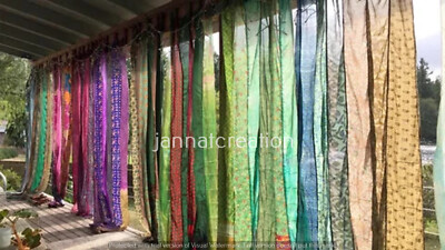 A PAIR Of Silk Sari Multi color Handmade Patchwork Curtain Door Drape Window
