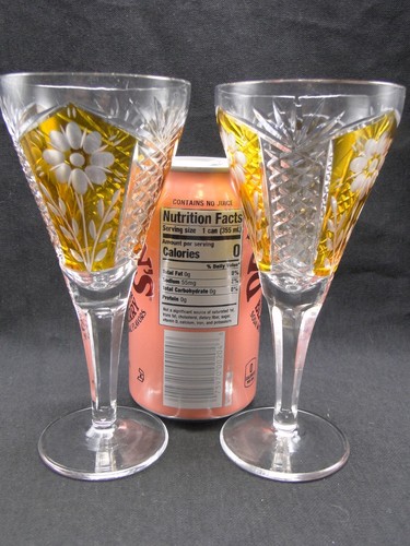 Pair Bohemian Amber Cut To Clear & Frosted Case Glass 4oz wine glasses 6⅛in - Picture 4 of 4