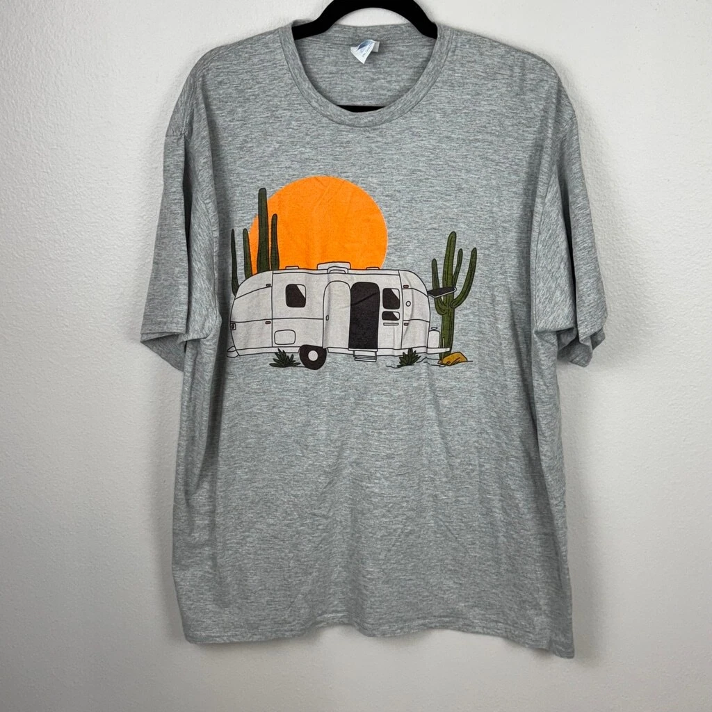 Vintage Retro Desert Adult 2XL Gray Camp Cactus Graphic Tee Short Sleeve T-Shirt