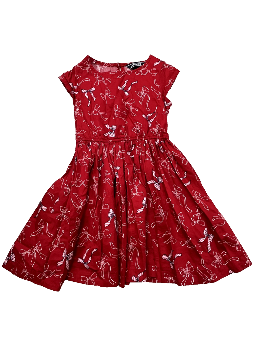 Lands' End Girls Dress Red Bow Print Preppy Fit Flare Excellent