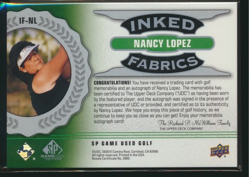 2021 SP Game Used Golf Inked Fabrics Relic Auto Nancy Lopez 07/49 - 第 2/2 張圖片