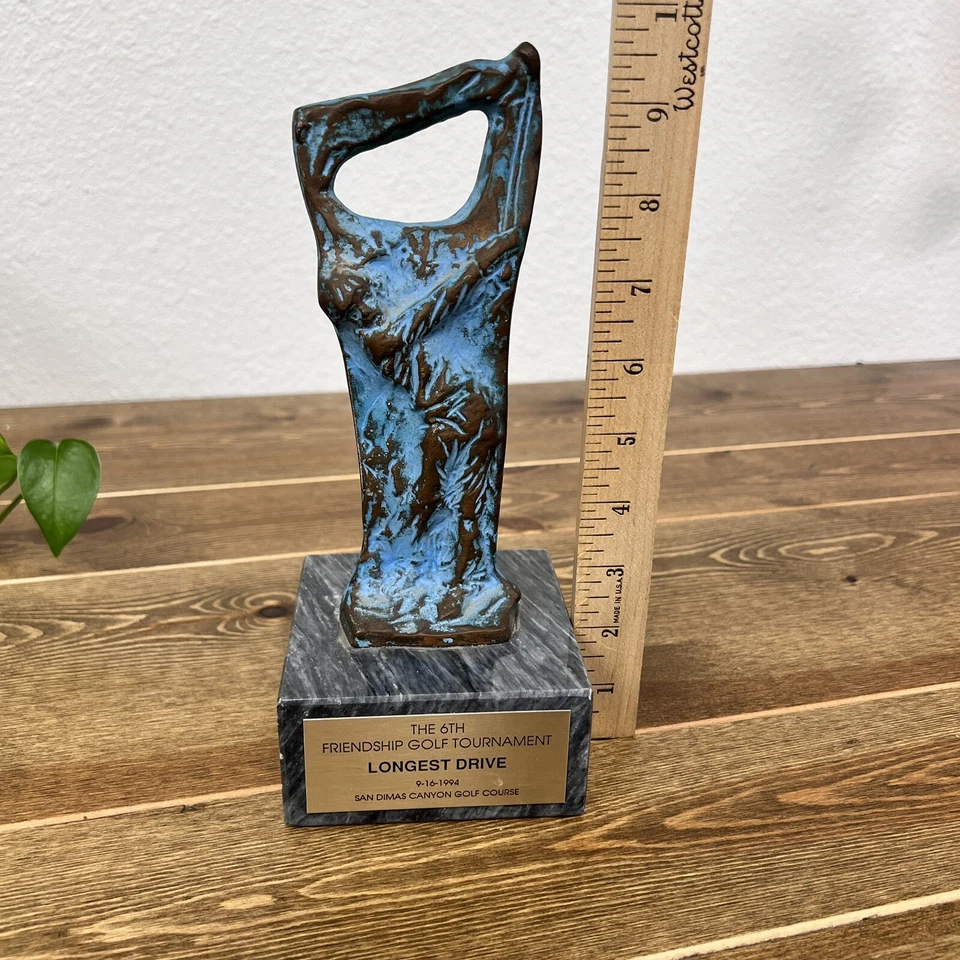 Brutalism Bronze Golf Player Art Sculpture on Marble Base By Sheridan Very 9.5” - Image 3 of 4