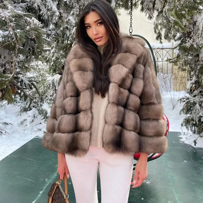 Winter Real Fox Fur Coat Women Sable Color Jacket Elegant Thick Warm Outwear