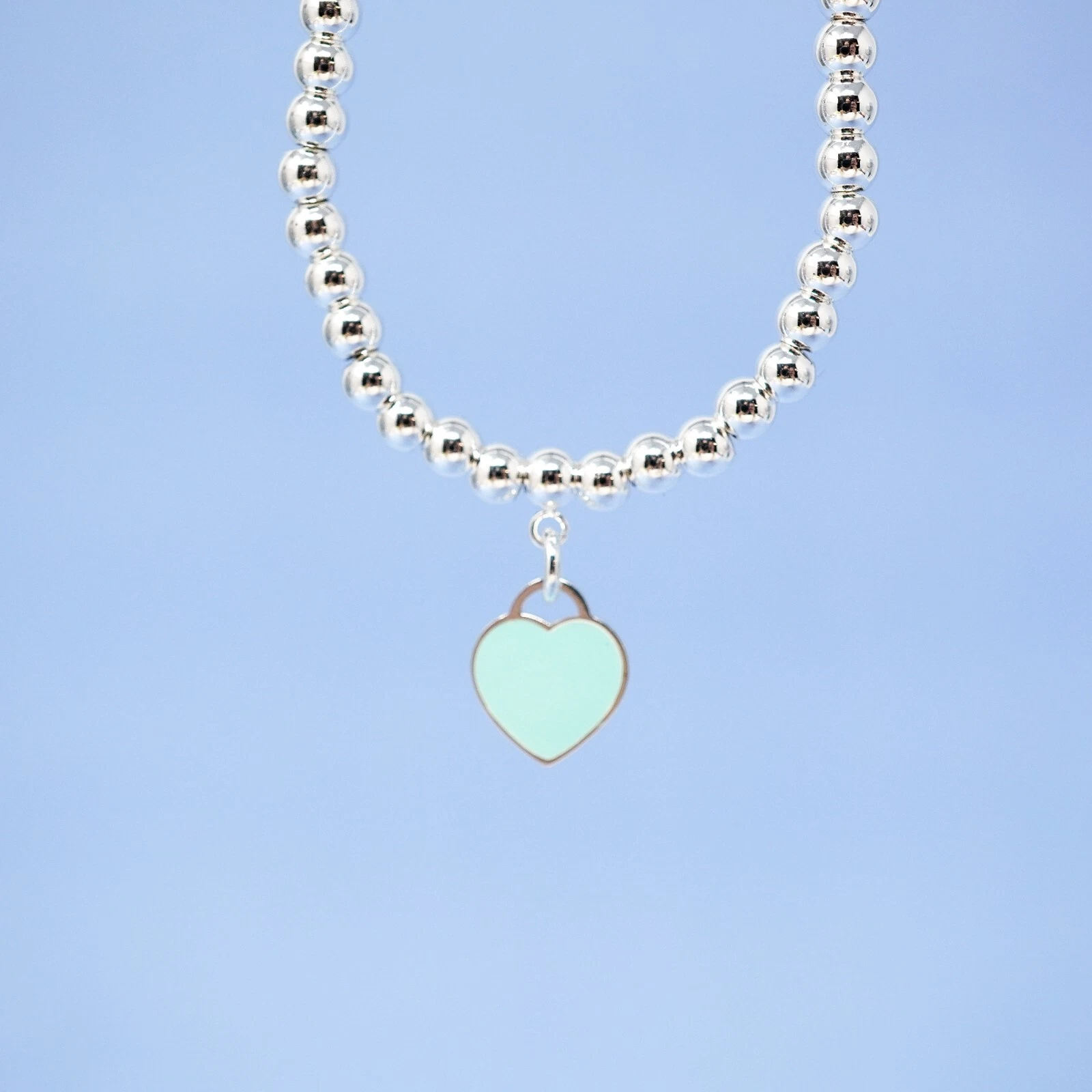 Tiffany & Co. Silver Tone Beaded Blue Heart Tag Necklace   45cm