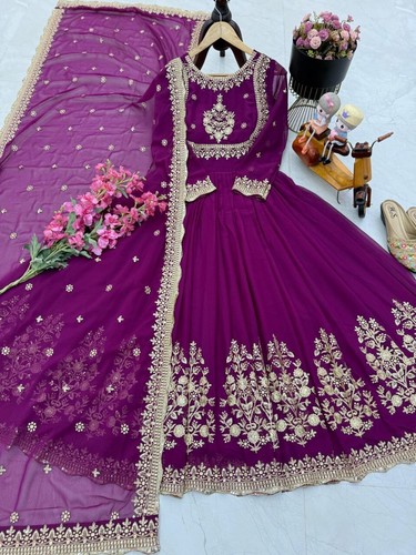 Stylish Latest Faux Georgette Wine Gown With Dupatta For Women Festival Wear - Picture 7 of 9