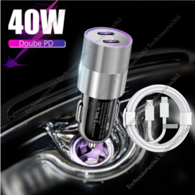 Dual Type C PD Fast 40W Car Charger Adapter Cable For iPhone 14 13 12 11 SE XR 8