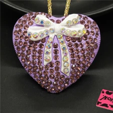 New Purple Rhinestone Bow Heart Crystal Pendant Fashion Women Chain Necklace