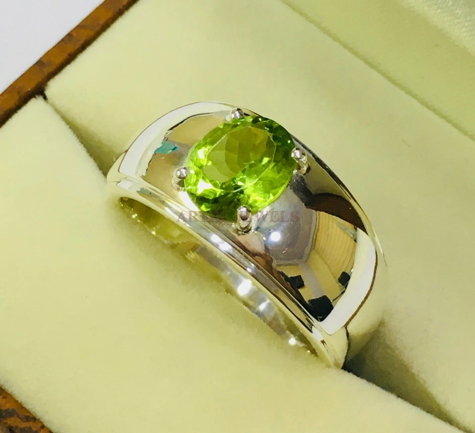 Piedras preciosas de peridoto natural con anillo de plata de ley 925 para hombre #1395 Foto 2 de 4