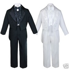 L Infant Toddler Boy Wedding Easter Formal Paisley Tail Tuxedo Suit White Black