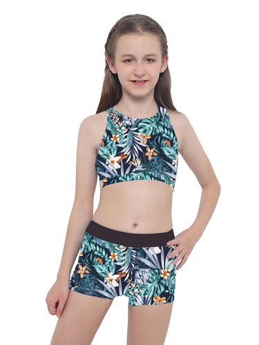 Girls Print Athletic Tankini Set Sport Crop Top with Swim Short Bathing Suits - Picture 52 of 143