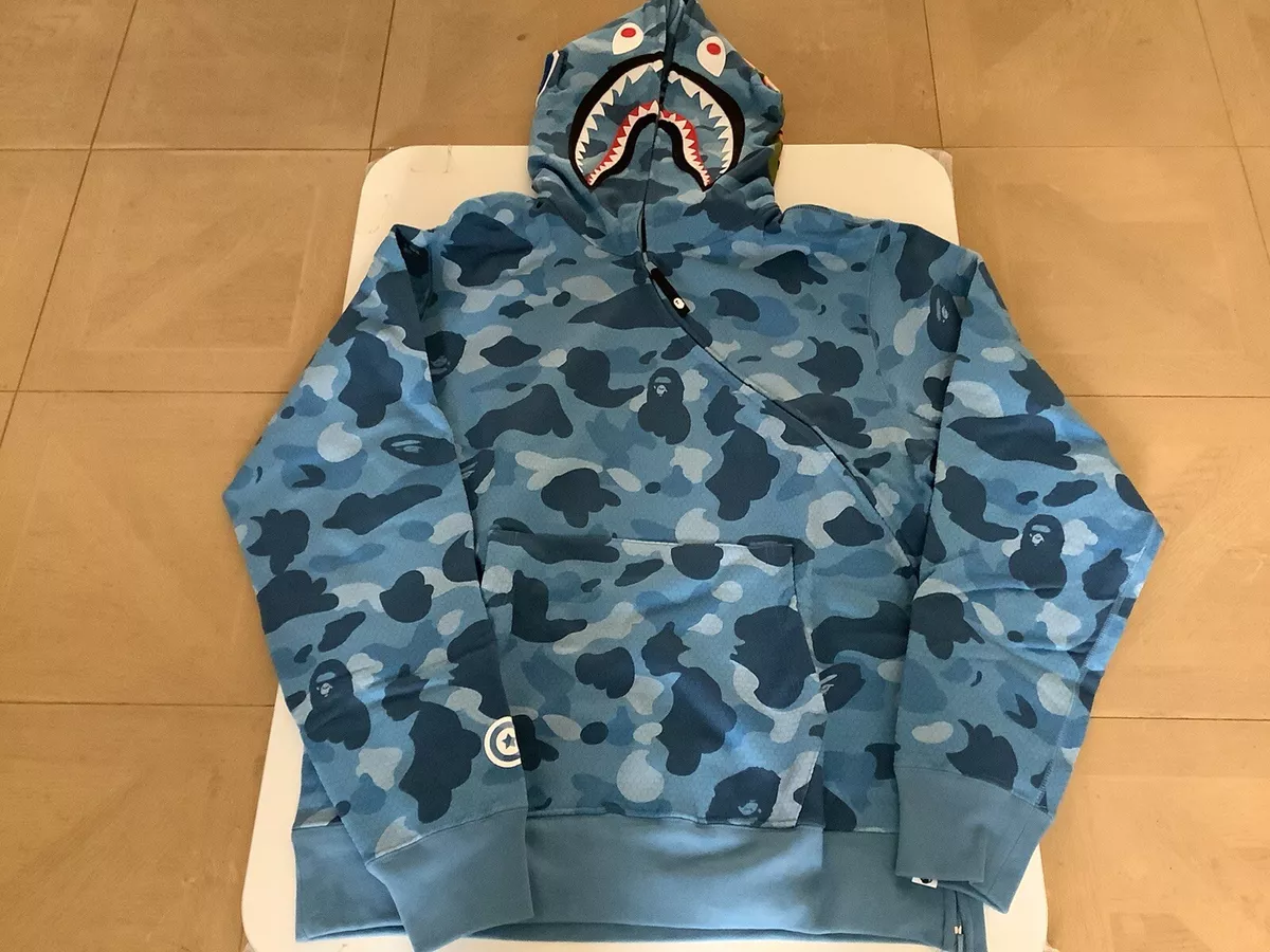AUTHENTIC APE BAPE HONEYCOMB CAMO SHARK FULL ZIP HOODIE BLUE MENS