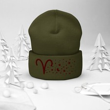 Aries Ram in the Stars Knit Beanie - Cozy Knit Hat Red Thread Olive Green