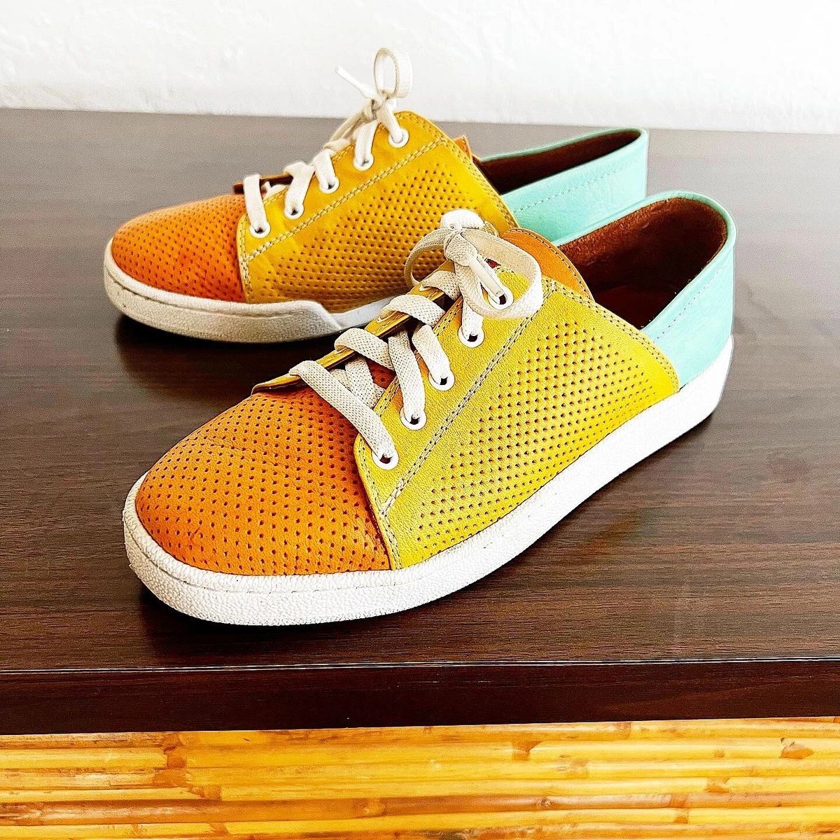 SHERIDAN MIA Perforated Leather Tri Color Block Sport Sneakers
