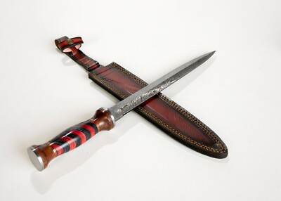 Medieval 266 Layer 56 HRC 18  Damascus Dagger SHARP Red/Black Wood Handle Superb