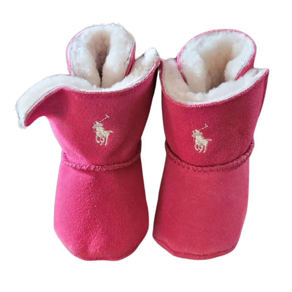 Botines de bebé de piel de oveja Ralph Lauren rosa sin cordones, 10,85 cm Foto 3 de 4