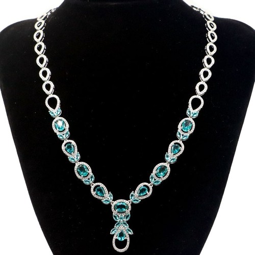 32x15mm Pretty 29g Blue Aquamarine Females Wedding Silver Chain Necklace 17-18"