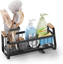 Sink Caddy Organizer with Wooden Handle Self Draining