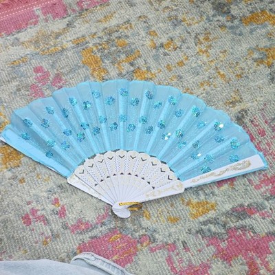 NEW Turquoise White & Gold Hand Held Fan with Sachet 