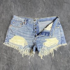 We the Free blue button fly distressed denim shorts Women s Sz 28 RETAIL 150