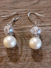 Dangle drop faux pearl and Crystal earrings rondels hook back pierced women's...
