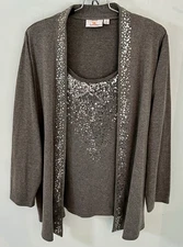 Quacker Factory Women’s 2X Gray w/Silver Sequins Long Sleeve 2-pc Look Holidays