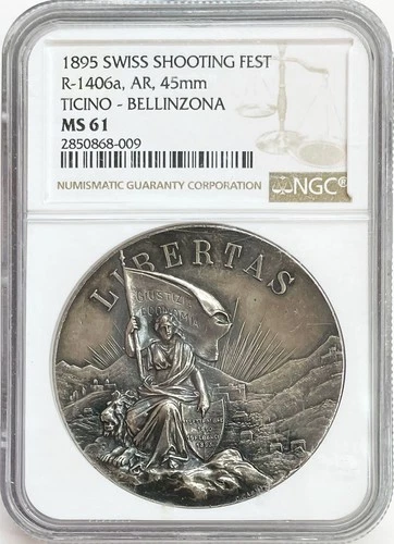 1895 SWITZERLAND TICINO BELLINZONA SHOOTING HIGH RELIEF 45 MM MEDAL NGC MS 61