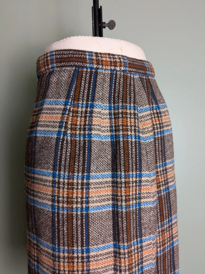 Falda lápiz de lana de cintura alta a cuadros True Vintage años 60 azul naranja marrón  Foto 3 de 4