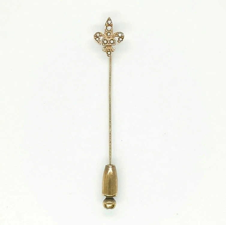 Antq Fleur de Lis 10k stick pin w/ natural pearls in Farrington presentation box - Image 2 of 4