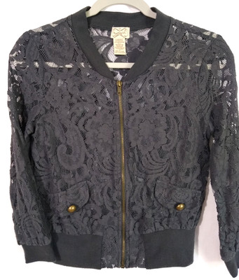 Eyelash Couture Lace Zipper Front Jacket size Small Gray Bomber faux Pockets