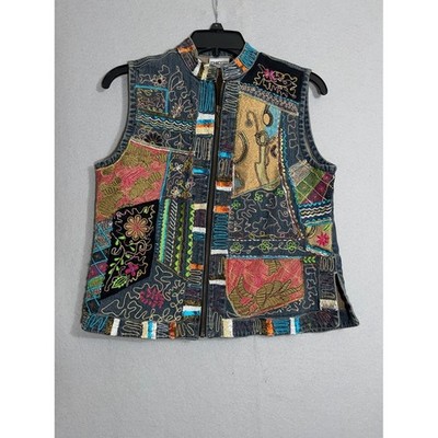 Chico's Embroidered Patchwork Denim Vest Boho Art to Wear Zip Front