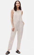 Eileen Fisher Organic Linen Round Neck Sleeveless Jumpsuit Beige Petite Medium