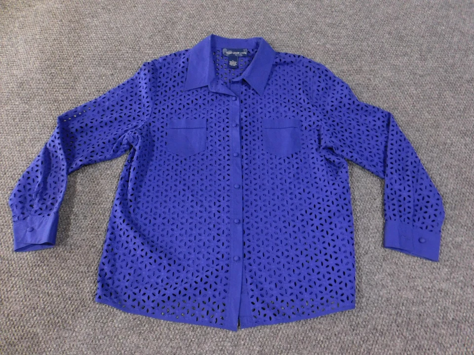 Camisa Susan Graver Mujer Grande Azul Ojales Abotonados Manga Larga Blusa Algodón Foto 4 de 4