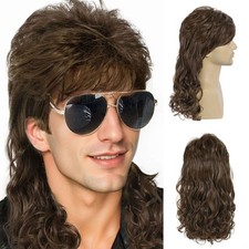 GNIMEGIL Mullet Wig Adult Funny Wigs for Men Pop Rock 22.5 Inch, Mixed Brown
