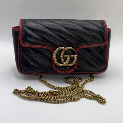 Gucci Marmont Black Shoulder Bag Gold Chain GG Logo Red Mini