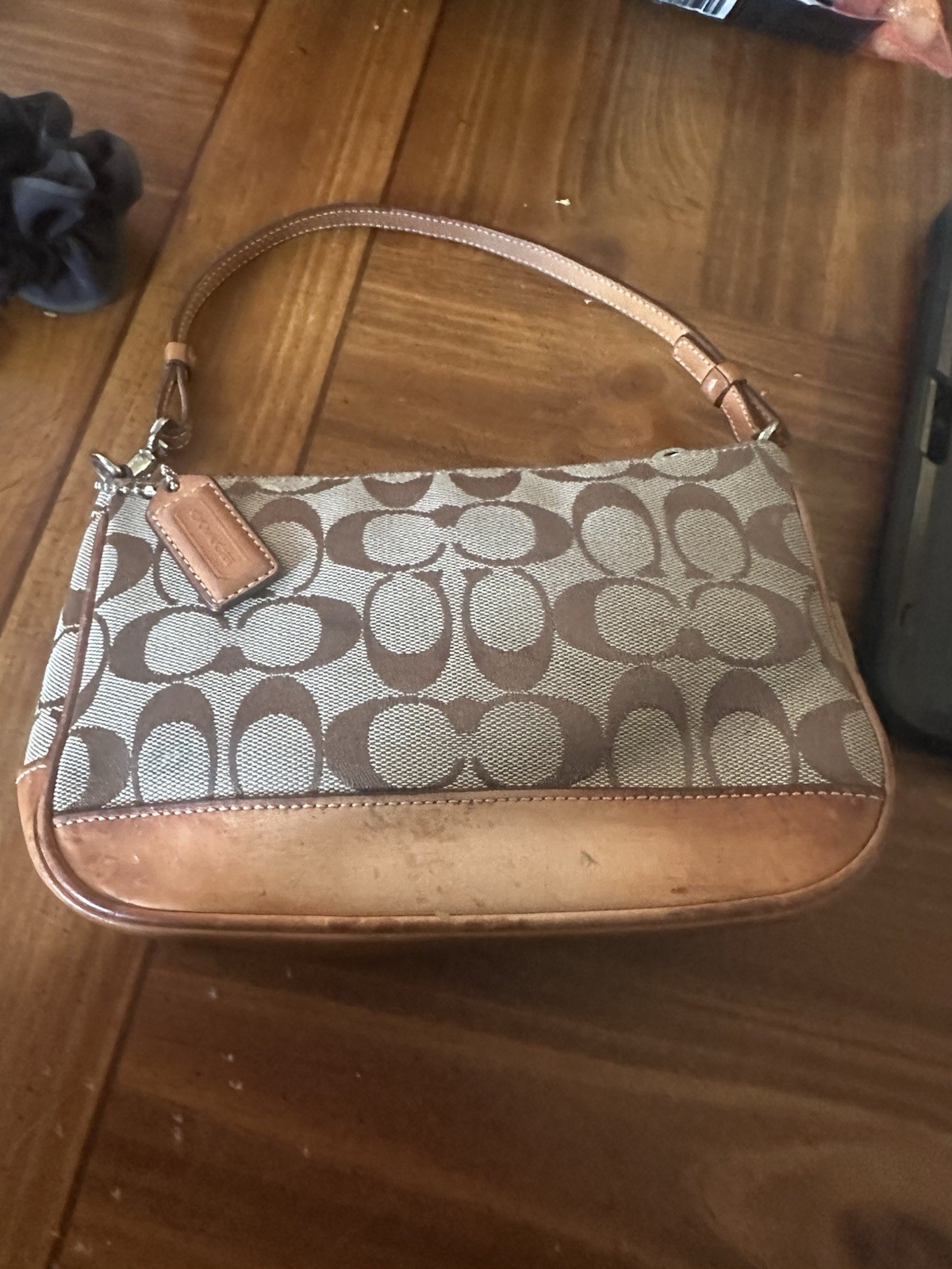 Coach Signature Small Shoulder Bag Brown Tan Zip Closure Silver Hardware Lined