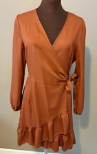 Naggoo Womens Wrap Dress S Brown Tie Belt Ruffle Hem Long Sleeve Knee Party Work