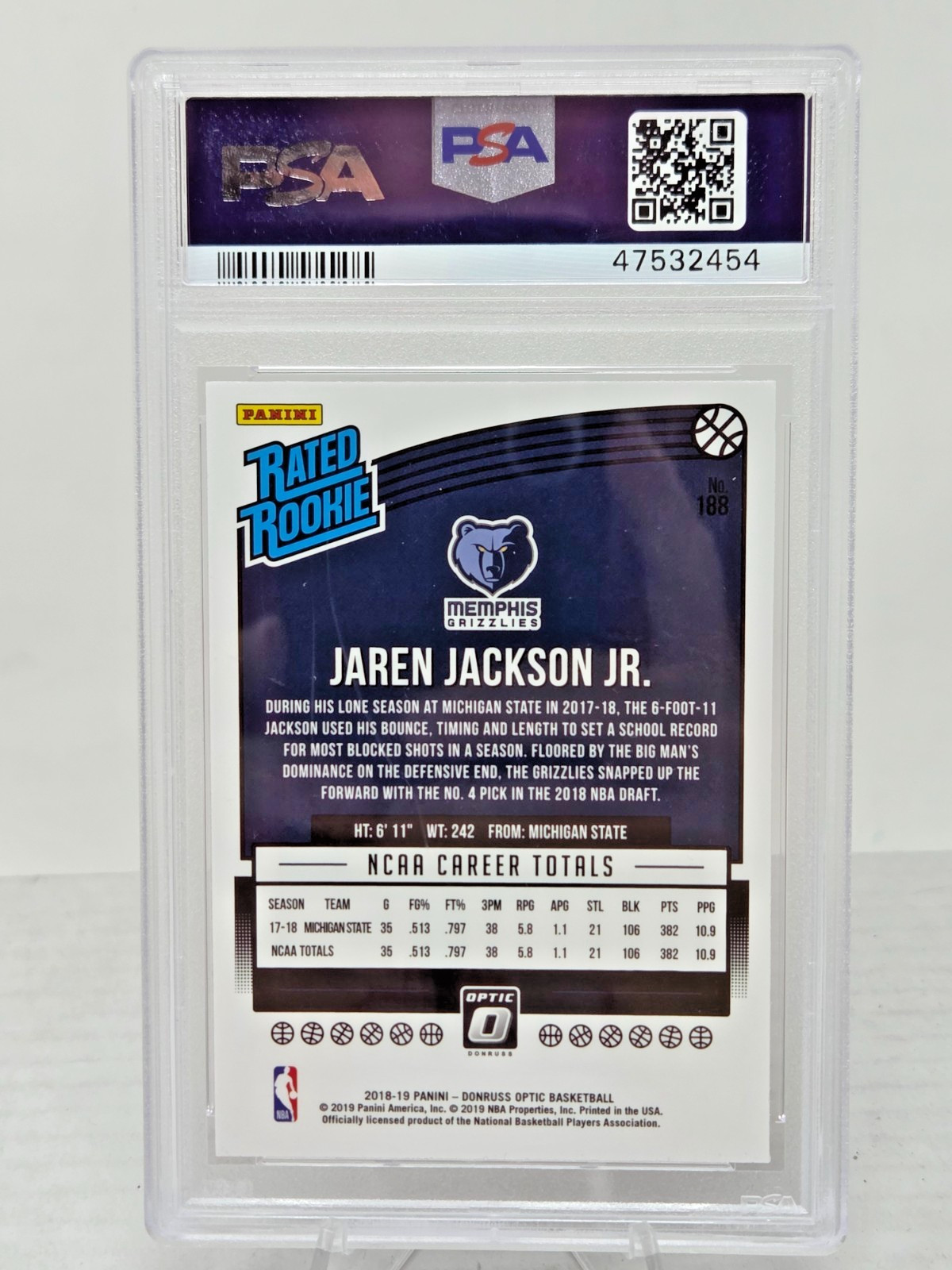 2018 Panini Donruss Optic JAREN JACKSON JR RC Rookie Card PSA 10 GEM MINT view 2