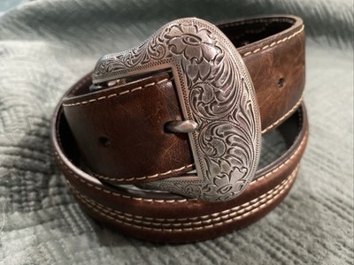 CUIR VERITABLE Brown LEATHER Western BELT Removable Silver Tone Buckle Mens 30