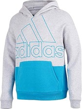 ADIDAS Girls Fleece Pullover Hoodie - Grey  Cyan Blue - Girls Large - 14 Years