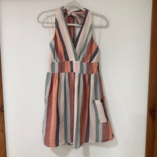 American Eagle Striped Halter Mini Dress Women Medium Multi-Color Linen Coastal