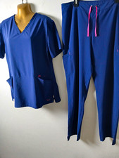 Smitten Women's Blue Solid Scrub Set Top & Pants Polyester/Spandex Size L