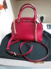MICHAEL KORS "EMMY" SMALL CHERRY LEATHER RED DOME SATCHEL CROSSBODY GOLD CHAIN