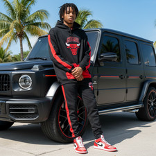 CHICAGO 23 BLACK-RED CUT SEW HOODED SWEATSUITS EMBROIDERY