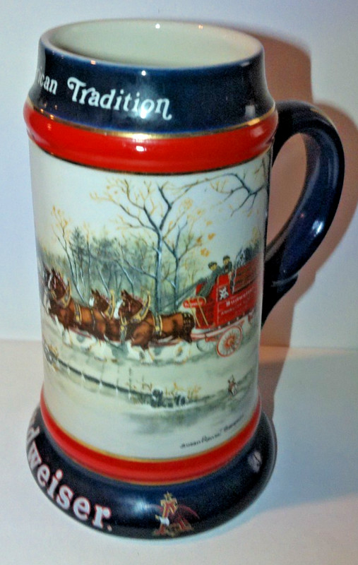 1990 Budweiser Beer Holiday Christmas Stein Mug With Clydesdales by Ceramarte 