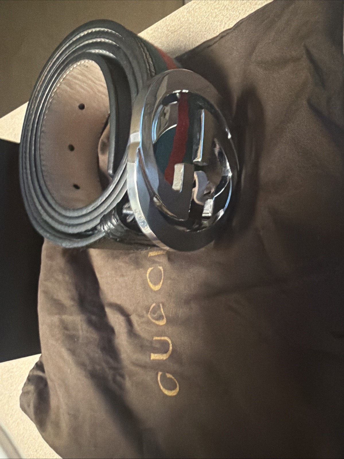 Gucci Authentic Men Belt Interlocking G Stripe Leather Canvas Navy Red